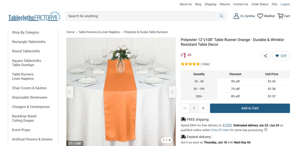 LOT OF 3 Polyester Table Runner 12"x108" Orange